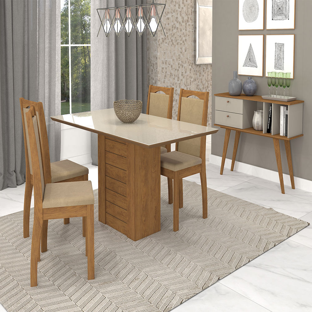 Mesa de Jantar 4 Cadeiras Com Tampo Vidro Savana/Off White Rafaela/Lívia Cimol