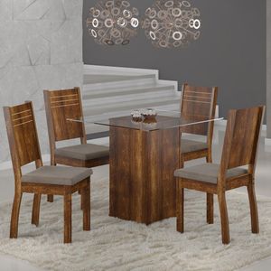 Mesa de Jantar 4 Cadeiras com Tampo de Vidro Rústico Vitória Spazzio Sonetto Móveis