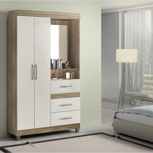 Guarda-Roupa Solteiro 2 Portas 3 Gavetas Com Espelho Castanho/Off White RP-1023 Rei Móveis