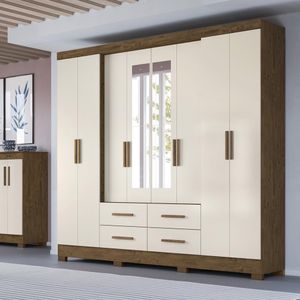 Guarda-Roupa Casal 8 Portas 4 Gavetas Com Espelho Castanho Wood/Baunilha San Lorenzo Moval Móveis