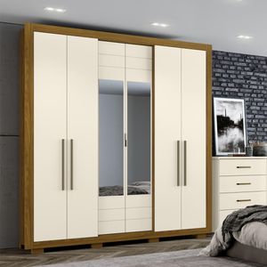 Guarda-Roupa Casal 6 Portas 2 Gavetas Com Espelho Nature/Off White Paiva Henn Móveis
