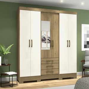 Guarda-Roupa Casal 6 Portas 3 Gavetas Com Espelho Rústico/Off White  B23-106 Briz Móveis