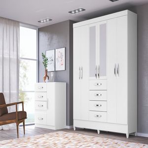 Guarda-Roupa Casal 6 Portas 4 Gavetas Com Espelho Branco New Avaí Moval Móveis