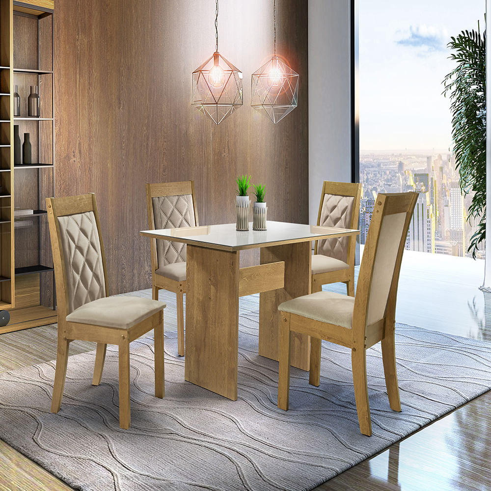 Mesa de Jantar 4 Cadeiras Com Tampo Vidro Ipê/Off White Dakota/Rubi Cel Móveis