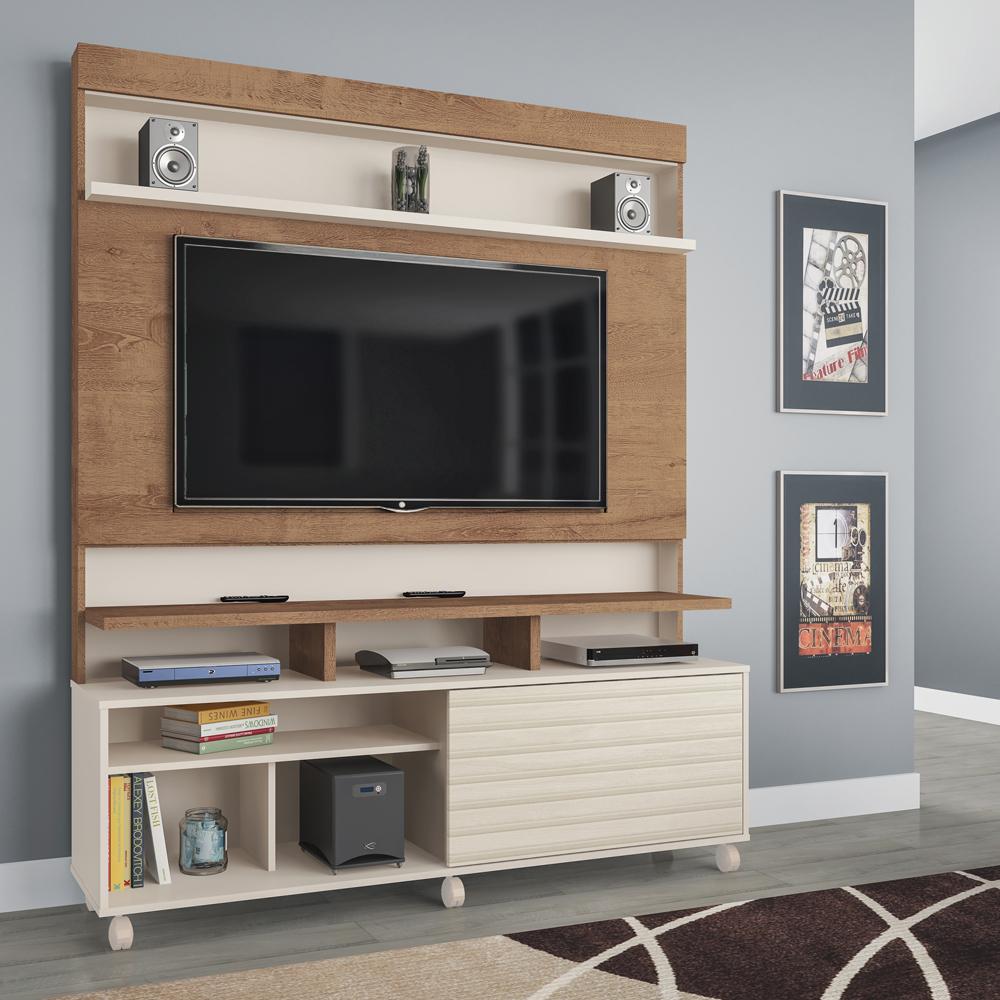 Estante Para TV até 55" Canelato Rústico/Natura Off White Home Atlanta Atualle Móveis