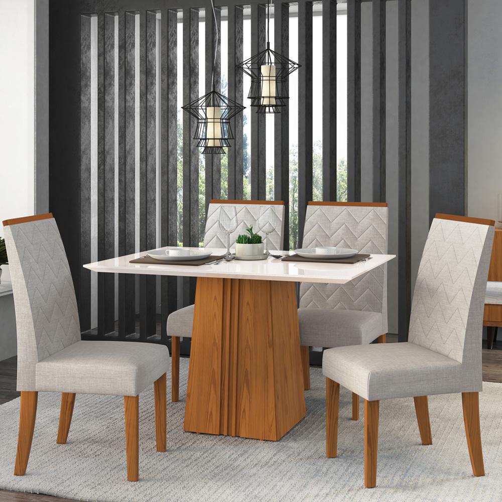 Mesa de Jantar 4 Cadeiras Com Tampo de Vidro Carvalho/Off White Itália DJ Móveis