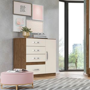 Cômoda 4 Gavetas 1 Sapateira Castanho Wood/Baunilha/Off White Vênus Moval Móveis