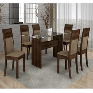 Mesa de Jantar 6 Cadeiras Tampo de Vidro Malbec/Bege Ravena Cel Móveis