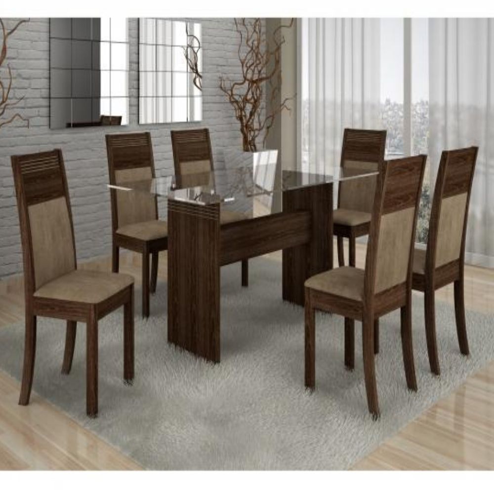 Mesa de Jantar 6 Cadeiras Tampo de Vidro Malbec/Bege Ravena Cel Móveis