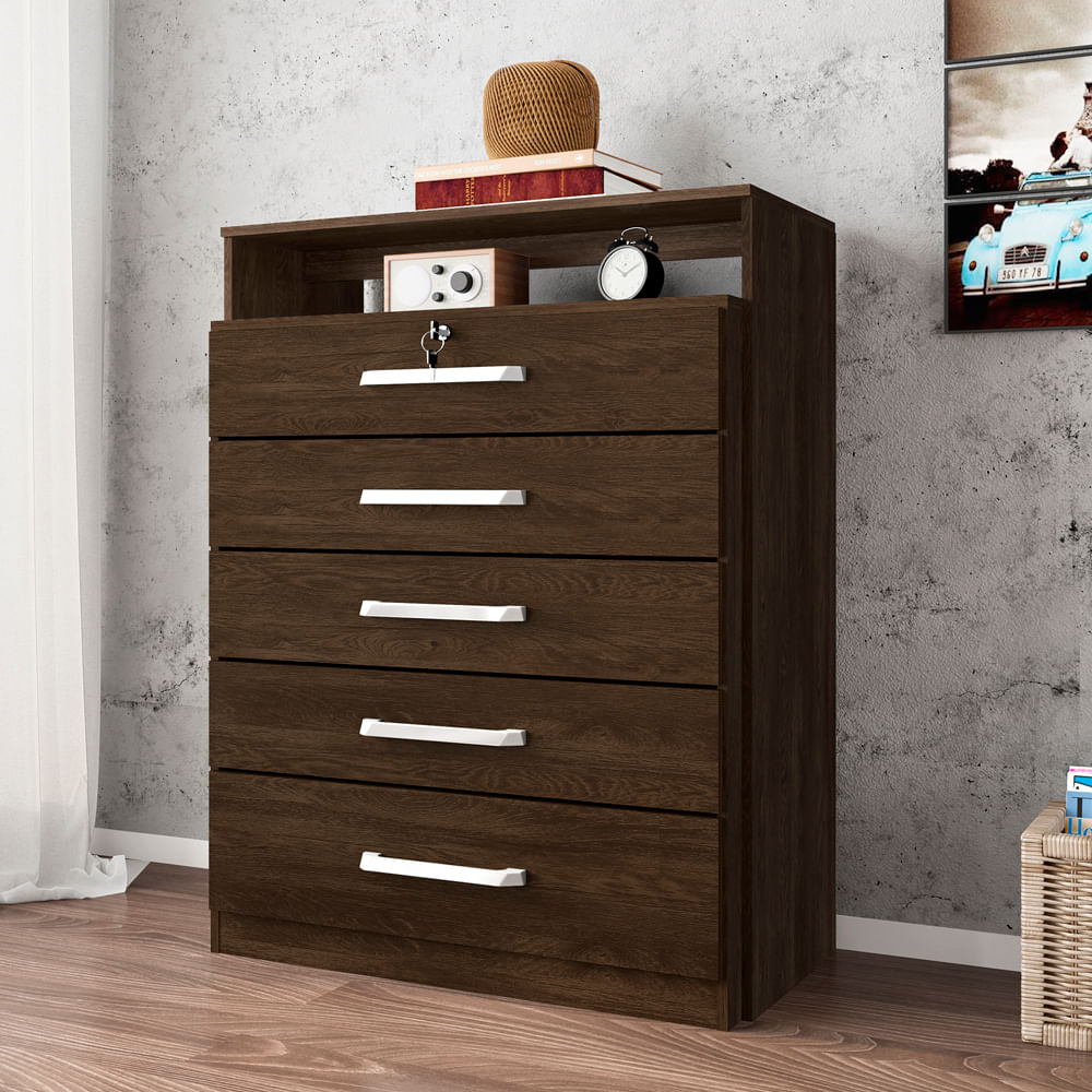 Cômoda 5 Gavetas Com Chave Ébano Touch Triunfo Demóbile
