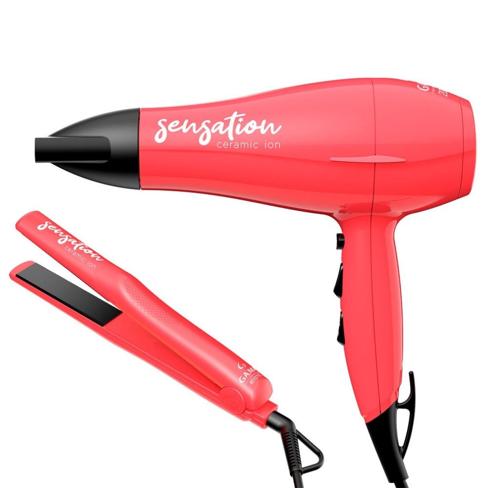 Kit Secador 2 Velocidades 2000W + Prancha 210° Gama Italy Sensation Ceramic Ion Rosa 110V