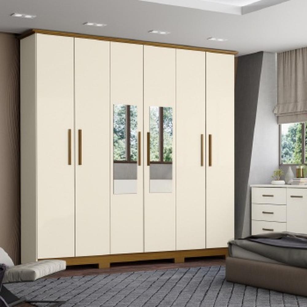 Guarda-Roupa Casal 6 Portas 3 Gavetas Com Espelho Nature/Off White Cover Henn Móveis
