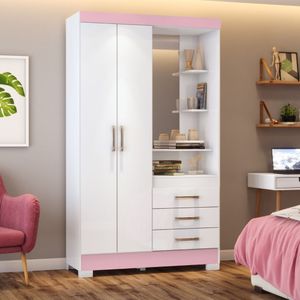 Guarda-Roupa Solteiro 2 Portas 3 Gavetas Branco/Rosa B64-66 Briz Móveis