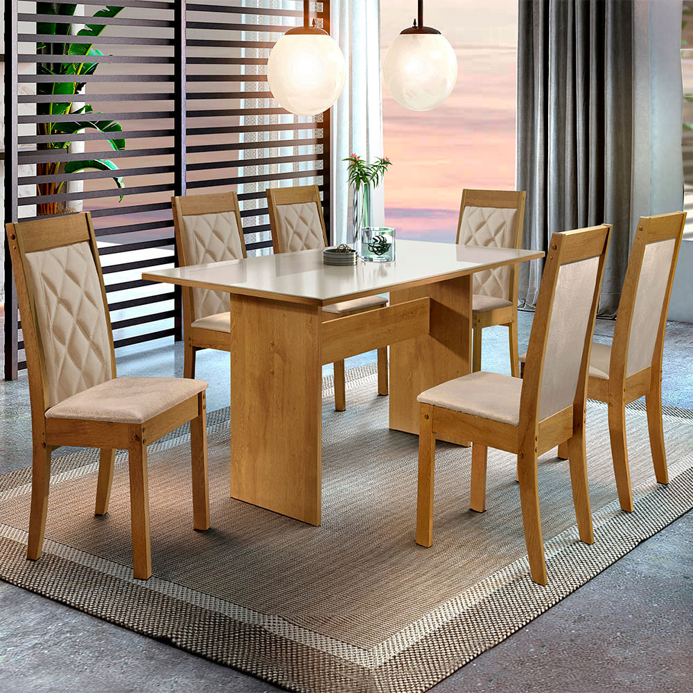 Mesa de Jantar 6 Cadeiras Com Tampo Vidro Off White Dakota Cel Móveis