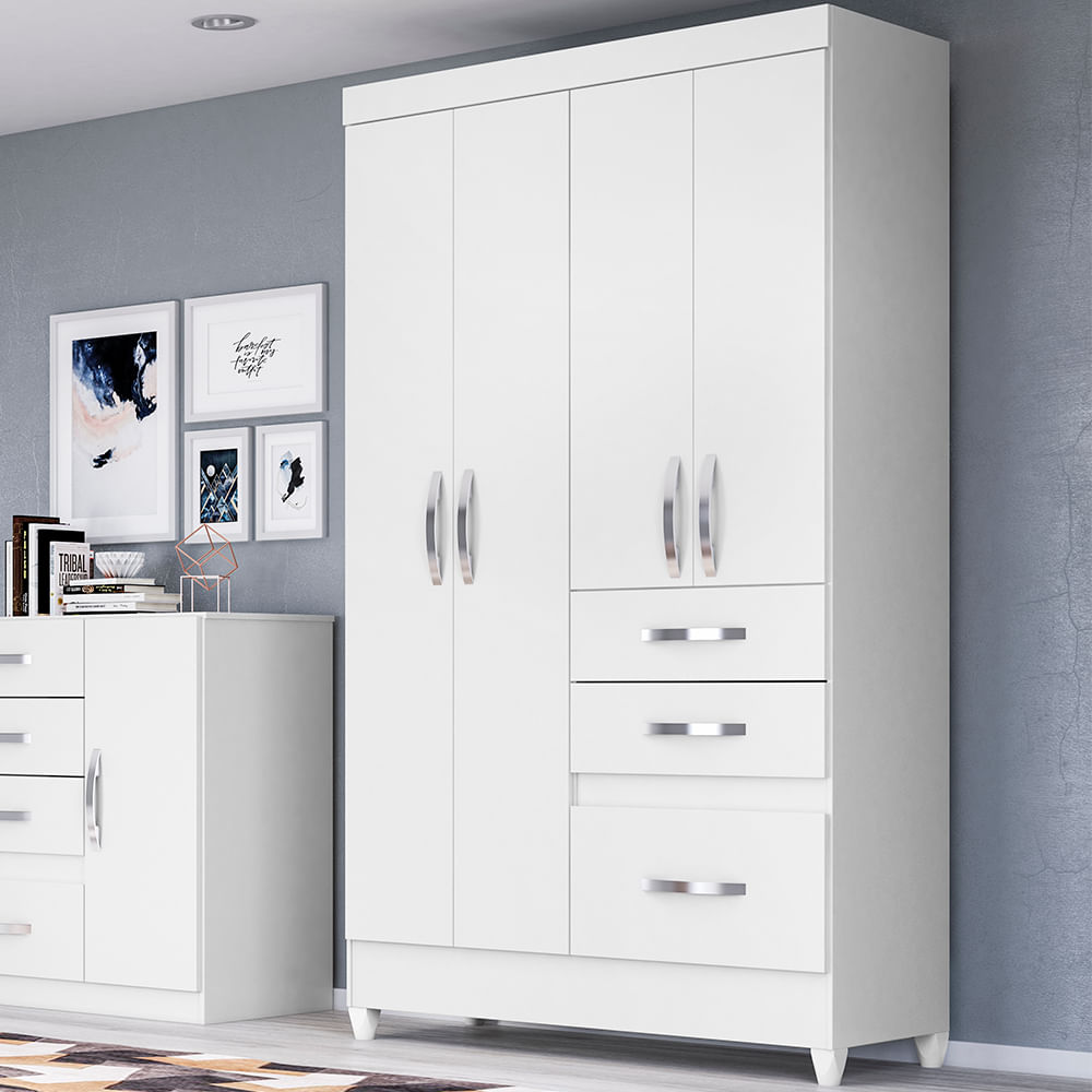 Guarda-Roupa Solteiro 4 Portas 3 Gavetas Branco New Tâmis Moval Móveis