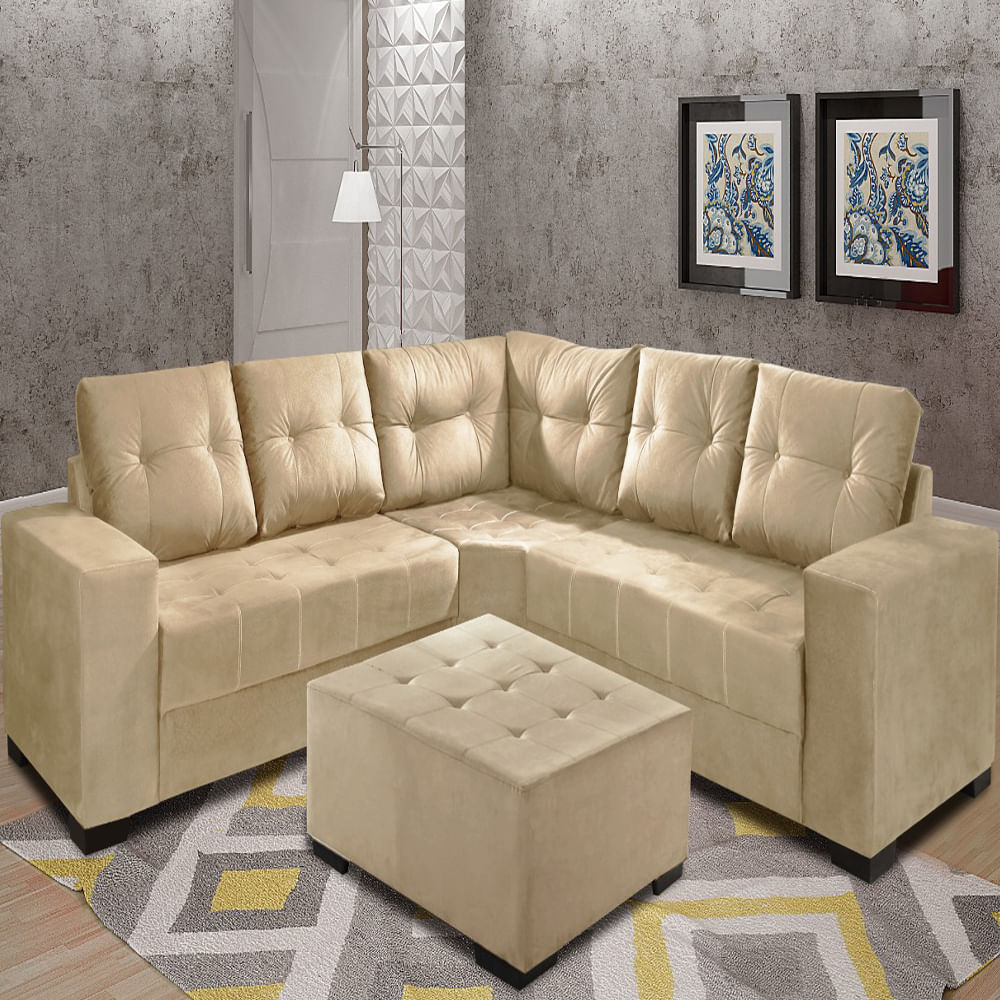 Sofá de Canto 3x2 Lugares Com Puff Bege Lima Divilux Estofados
