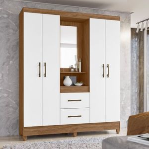 Guarda-Roupa Casal 4 Portas 2 Gaveta Com Espelho Naturale/Branco Niterói Moval Móveis