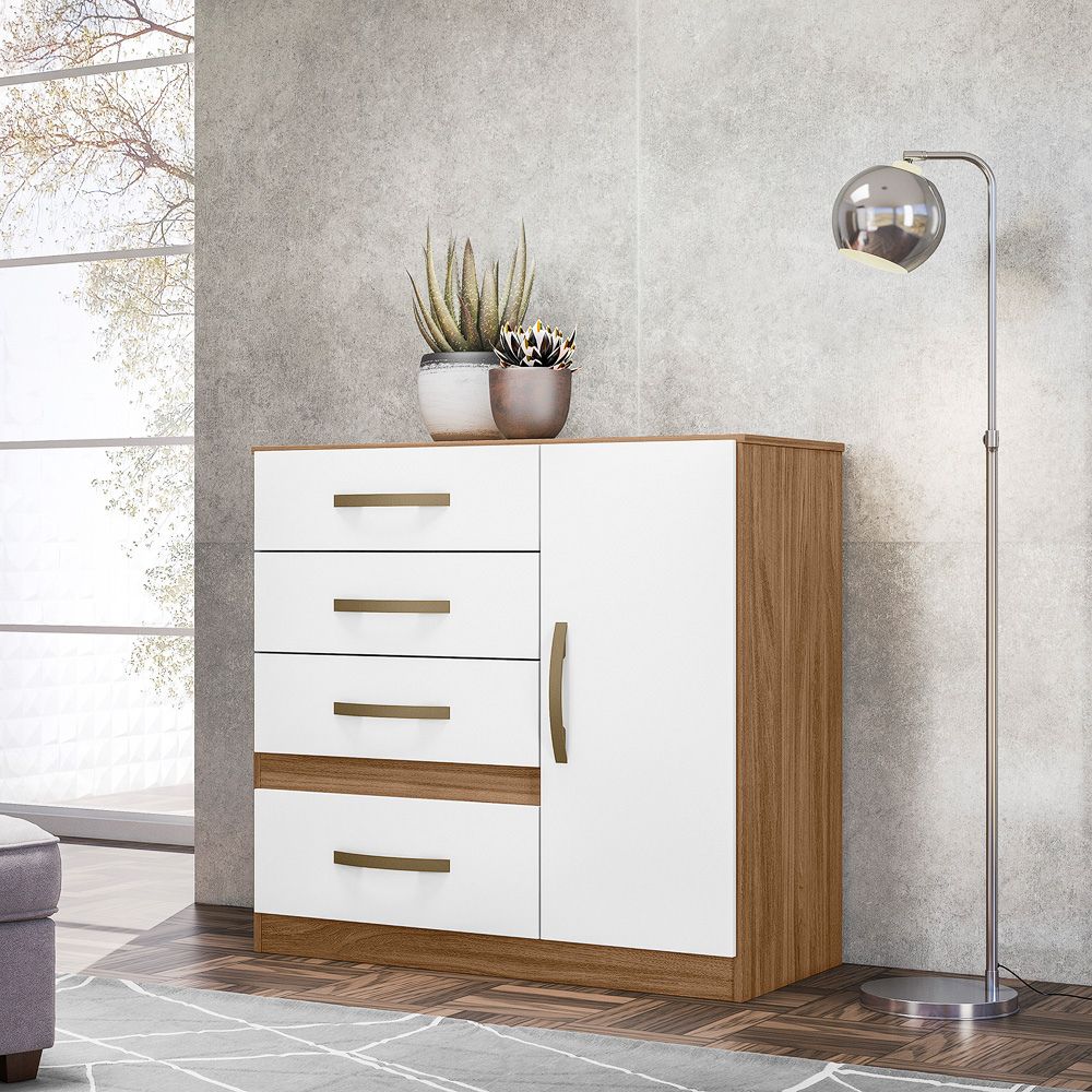 Cômoda C/ Sapateira 1 Porta 4 Gavetas Venus Naturale/Branco Moval