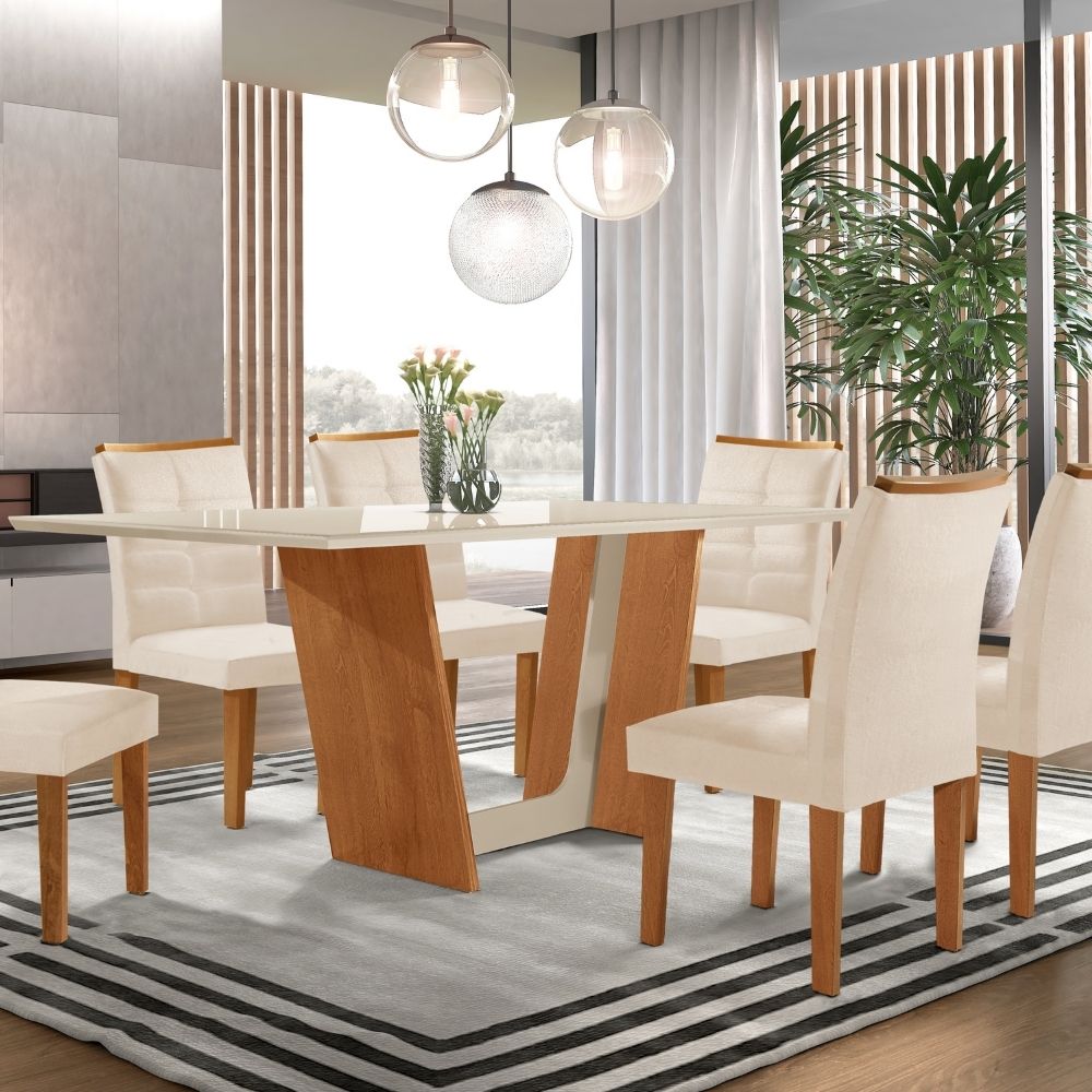 Mesa de Jantar 6 Cadeiras Tampo de Vidro Cinamomo/Off White Florença/Villa Rica Cel Móveis