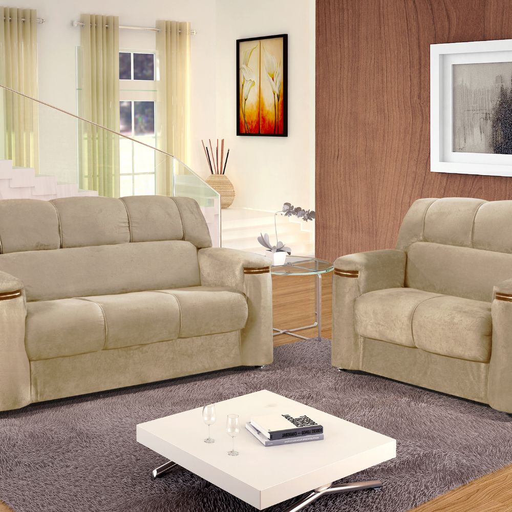 Conjunto Estofado Bello Styllus 3x2 Lugares Com Aplique Gardenia Bege