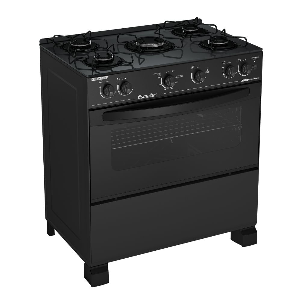 Fogão 5 Bocas Esmaltec Automático Caribe Glass Preto