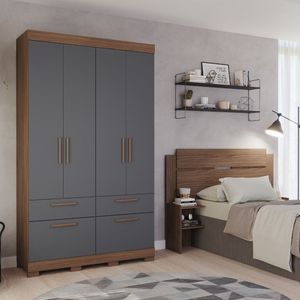 Guarda-roupa Solteiro 4 Portas e 4 Gavetas Avelã/Chumbo Porto Panan Móveis