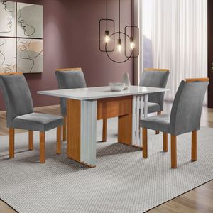 Mesa de Jantar 4 Cadeiras Tampo de Vidro Cinza/Cinamomo/Off White Stambul Cel Móveis