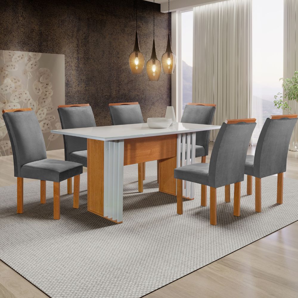 Mesa de Jantar 6 Cadeiras Tampo de Vidro Cinza/Cinamomo/Off White Stambul Cel Móveis