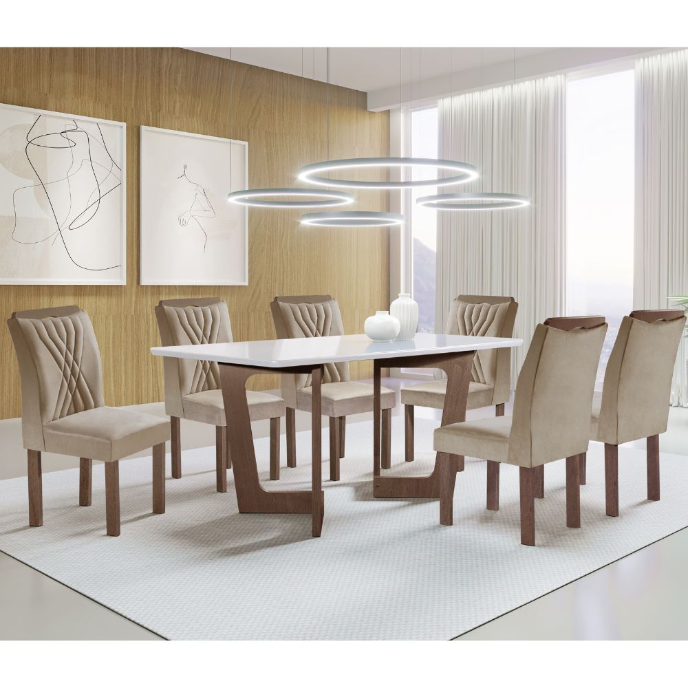 Mesa de Jantar 6 Cadeiras Tampo de Vidro Chocolate/Off White Dubai Cel Móveis
