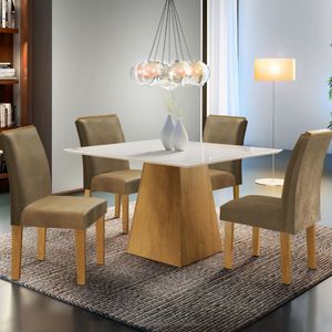 Mesa de Jantar 4 Cadeiras Com Tampo Vidro Ipê Off White Sevilha Cel Móveis