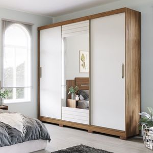 Guarda-Roupa Casal 3 Portas 4 Gavetas Com Espelho Avelã/Perola Buzios Panan