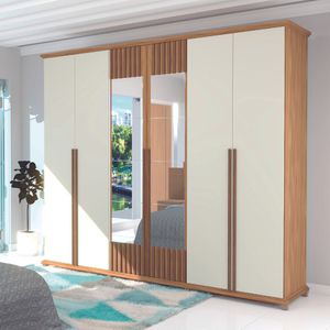 Guarda-Roupa Casal 6 Portas 5 Gavetas Com Espelho Freijo/Off White Belem Avelan Móveis