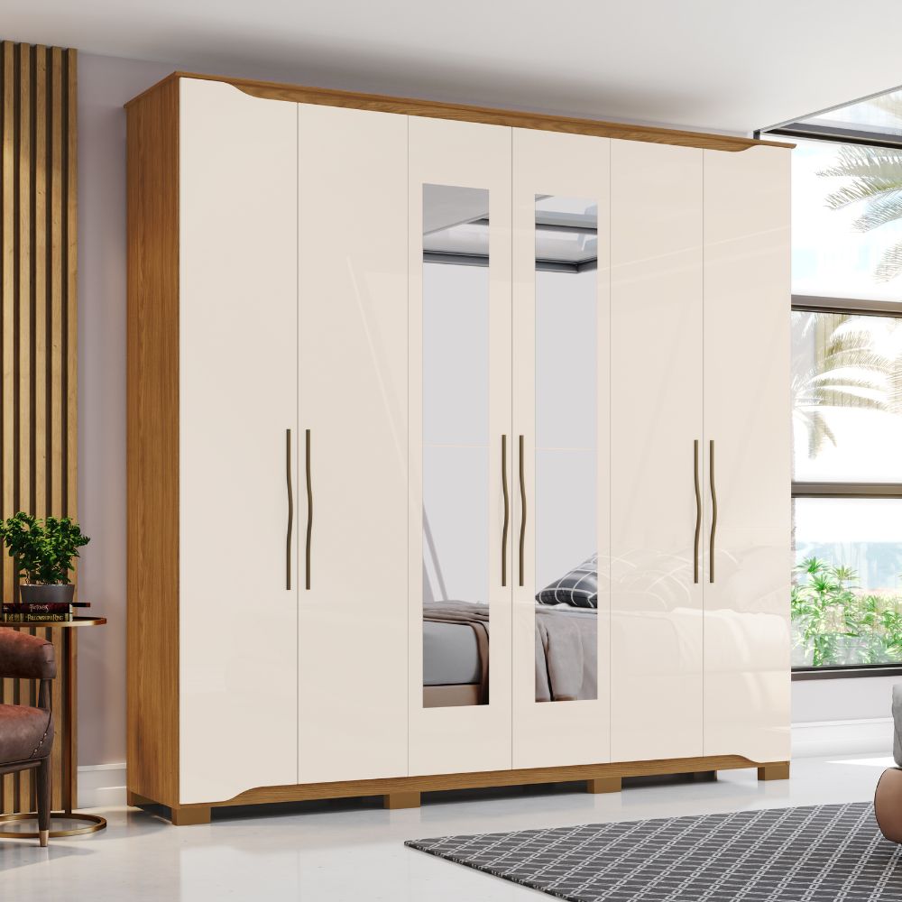 Guarda-Roupa Casal 6 Portas 4 Gavetas Com Espelho Nature/Off White Dallas Henn Móveis
