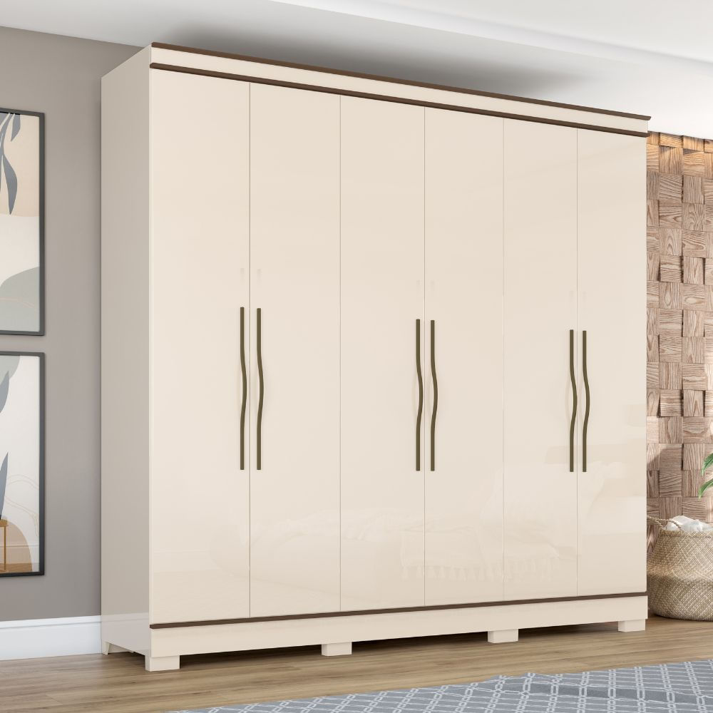 Guarda-Roupa Casal 6 Portas 3 Gavetas Off White/Castanho Briz Henn Móveis