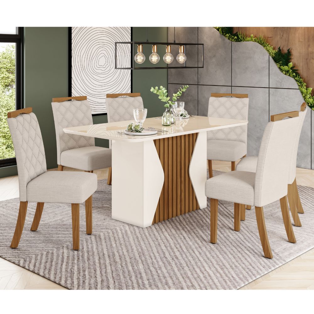 Mesa de Jantar 6 Cadeiras Tampo De Vidro Nature/Off-White/Linho Maya Bella Henn Móveis