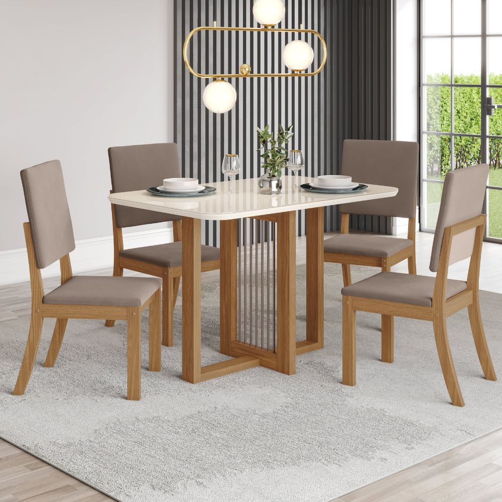 Mesa de Jantar 4 Cadeiras Tampo de Vidro Nature/Off White - Marrom/Amêndoa Henn Móveis Natalí