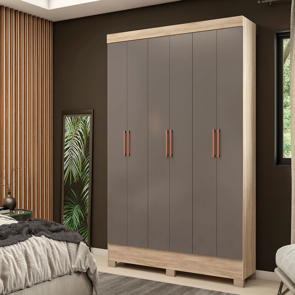 Guarda-Roupa Casal 6 Portas 3 Gavetas Carvalho/Cinza Lancaster Rodial