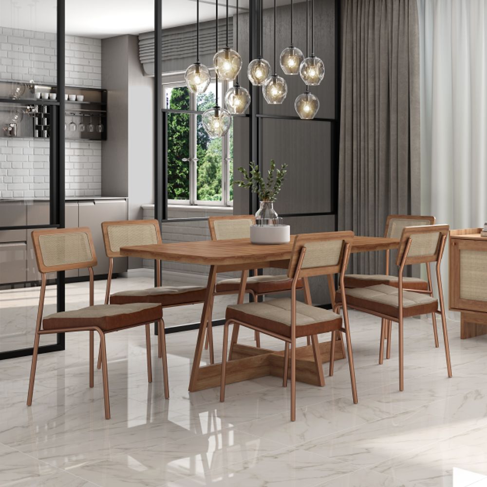Mesa de Jantar 6 Cadeiras Rosê/Areia/Caramelo Atria Lux Carraro Móveis