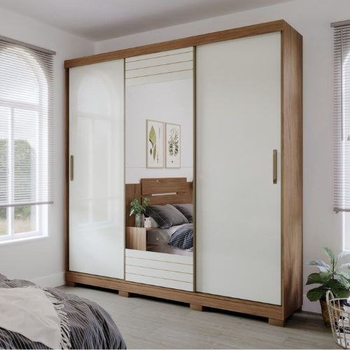 Guarda-Roupa Casal 3 Portas 4 Gavetas Com Espelho Avelã / Off White Buzios Panan Móveis
