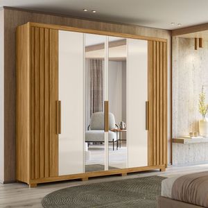 Guarda-Roupa Casal 6 Portas 4 Gavetas Com Espelho Freijó/Off White Araguaia Moval Móveis