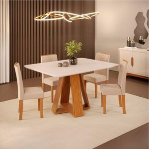 Mesa de Jantar 4 Cadeiras Com Tampo de Vidro Freijó/Off White Celeste DJ Móveis