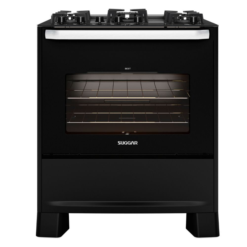 Fogão 5 Bocas Suggar Automático Mesa de Vidro Best Glass Preto
