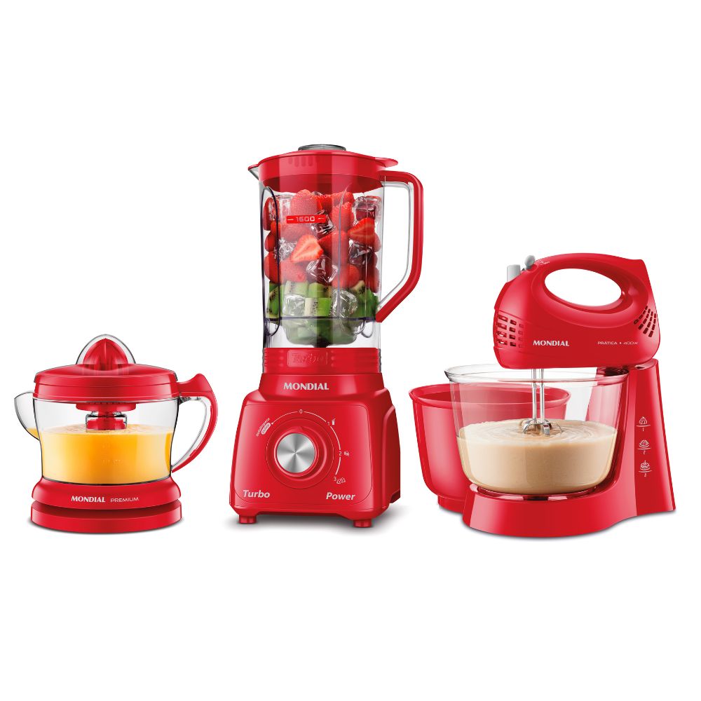 Kit Especial Mondial KT-202-R Liquidificador + Batedeira + Espremedor Vermelho 110V