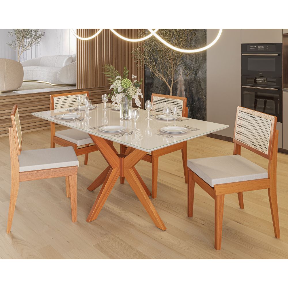 Mesa de Jantar 4 Cadeiras Com Tampo de Vidro Madeira/Off White Anna AGN Móveis