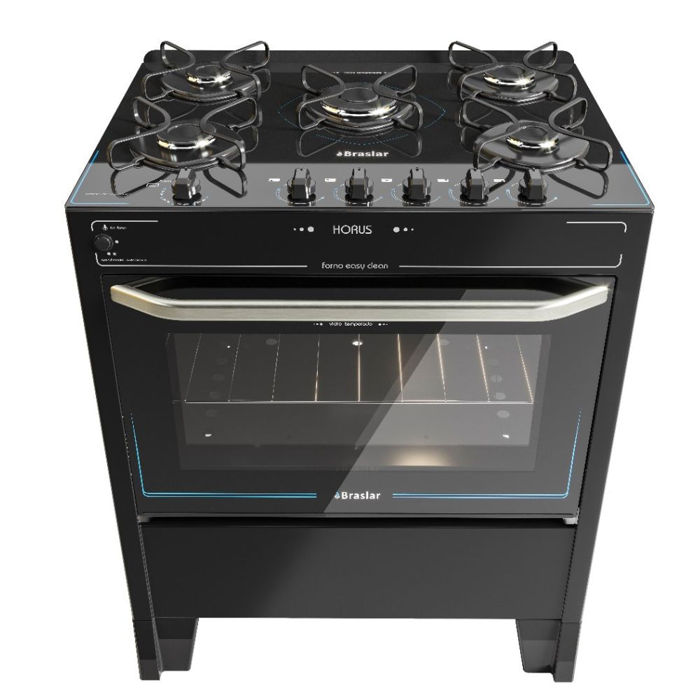 Fogão 5 Bocas Braslar Automático Mesa de Vidro Horus Top Control Preto