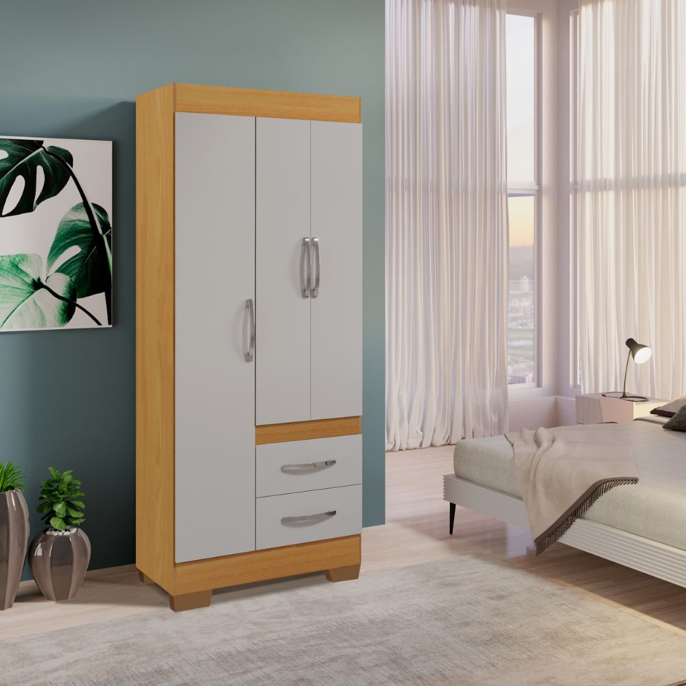 Guarda-Roupa Solteiro 3 Portas 2 Gavetas Peroba/Off White RP152 Rei Móveis