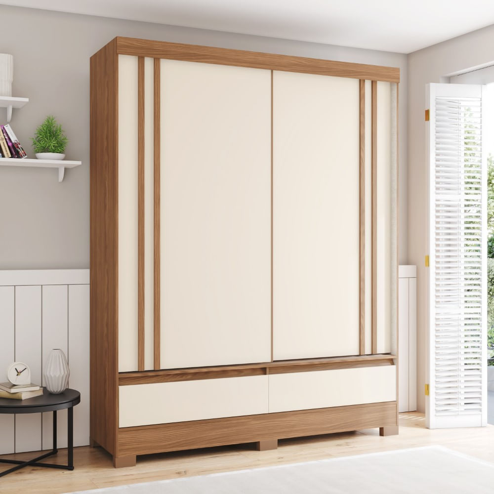 Guarda-Roupa Casal 2 Portas Deslizantes 2 Gavetas Nature/Off White